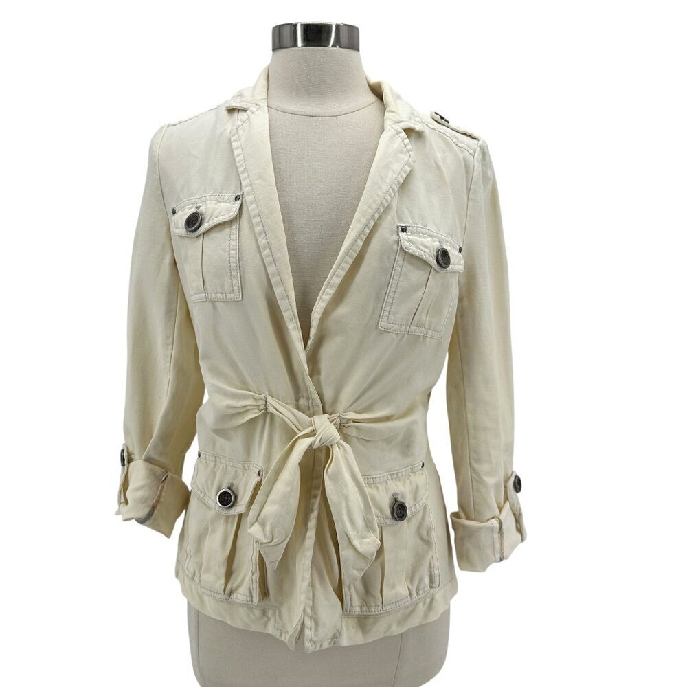 Anthropologie Cartonnier Womens 8 Jacket Nepal Safari Roll Tab Linen Blend Ivory